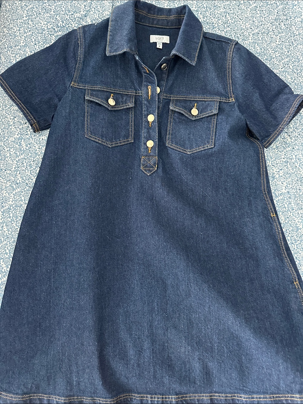LOFT Dark Indigo Denim Short-Sleeve Shirt Dress with Gold Buttons